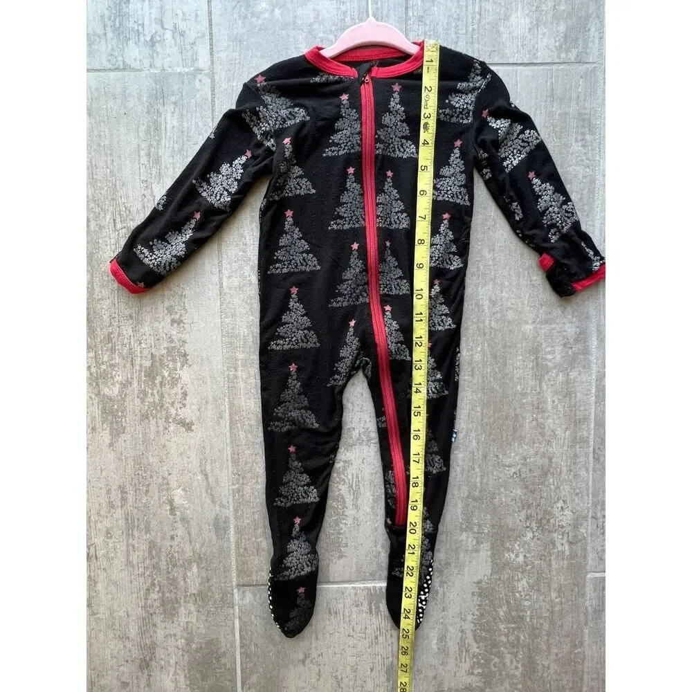 KICKEE PANTS Christmas Tree Foil One Piece Sleeper Pjs Zip Pajamas Black 6-9m